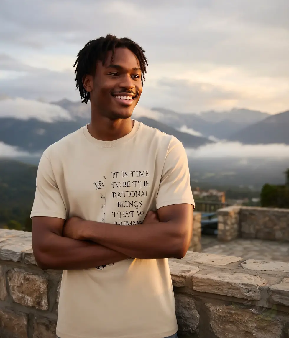 Natural unisex t-shirt on smiling man with dreads outdoors, "It Is Time To Be The Rational Beings..." quote design.