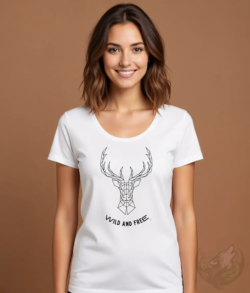 Thumbnail: Smiling woman wearing a soft white scoop neck tee with geometric deer Wild and Free design in a studio setup.