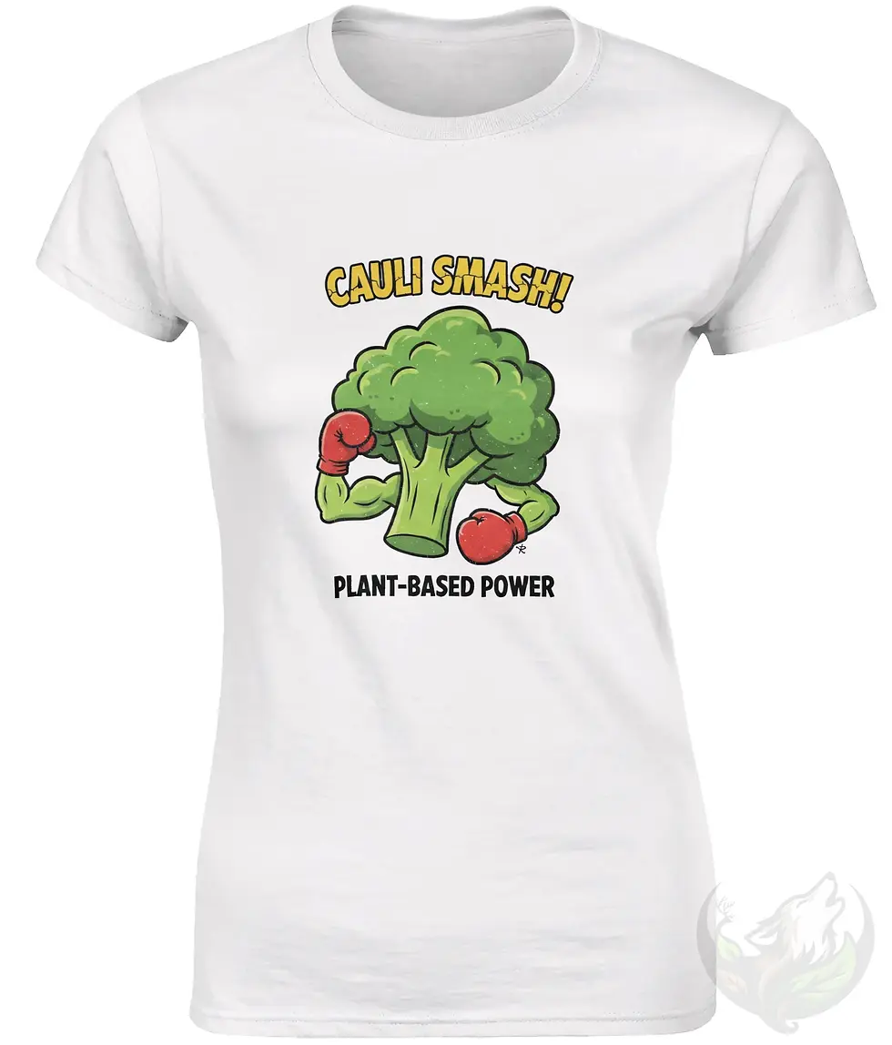 Thumbnail: White fitted tee with Cauli Smash vegan cartoon design displayed against a clean light background.