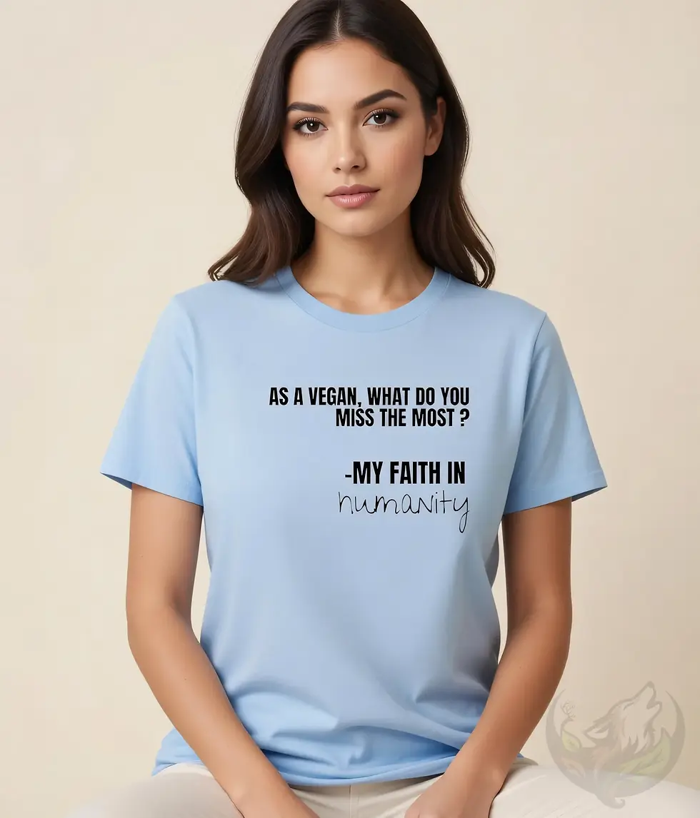 Thumbnail: Light blue shirt with “As a vegan, what do you miss the most?” design, worn by a woman against a neutral backdrop.