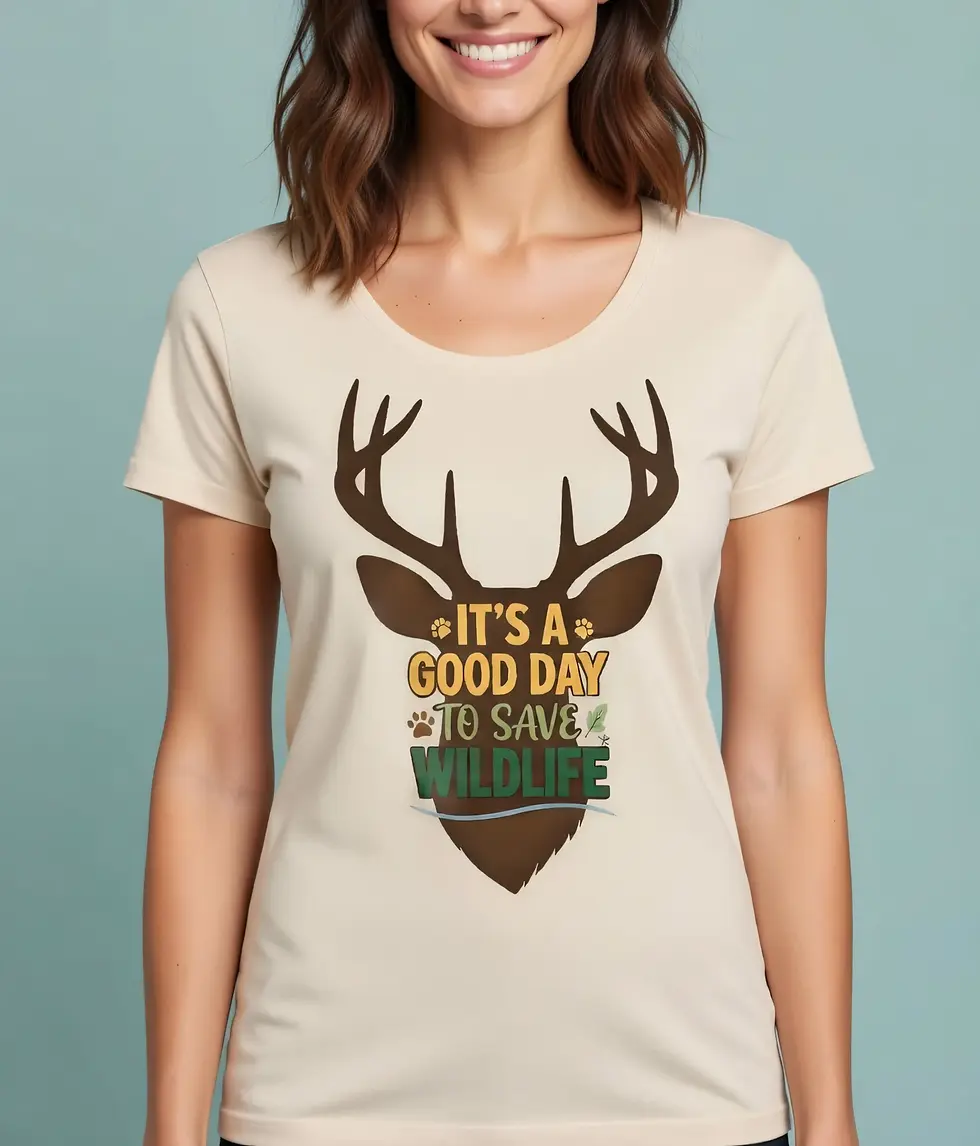 Thumbnail: Natural scoop neck tee with a colorful deer silhouette and uplifting “Save Wildlife” message.