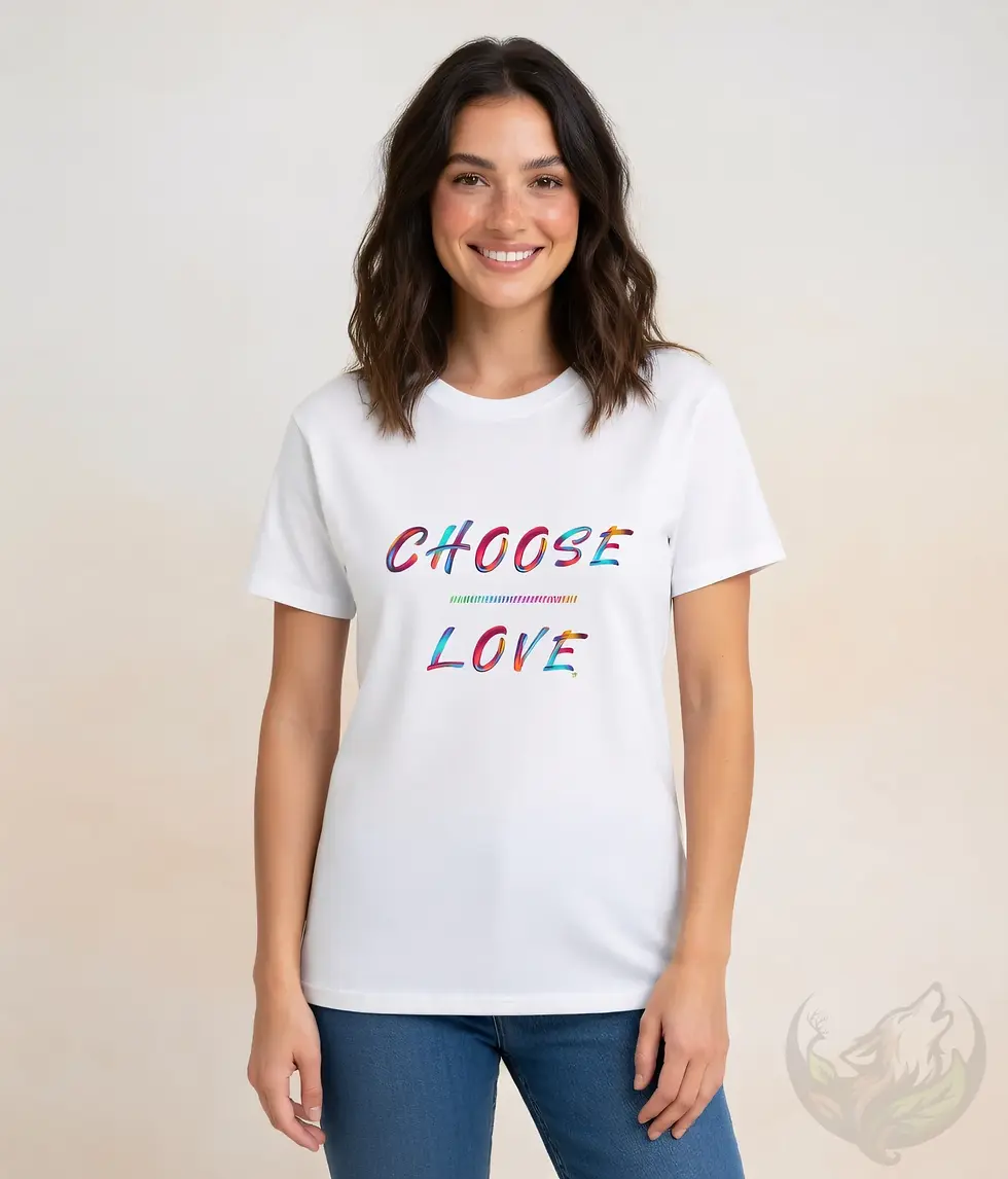 Miniaturbild: Woman in white fitted t-shirt with vibrant multicolored "CHOOSE LOVE" lettering and decorative line.