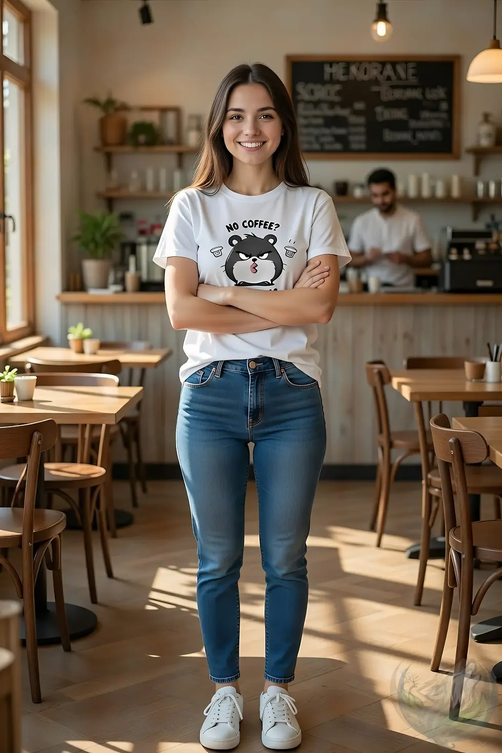 Thumbnail: Woman smiling with arms crossed in white fitted t-shirt featuring angry hamster and "NO COFFEE? NO TALKIE!" text, in cafe.
