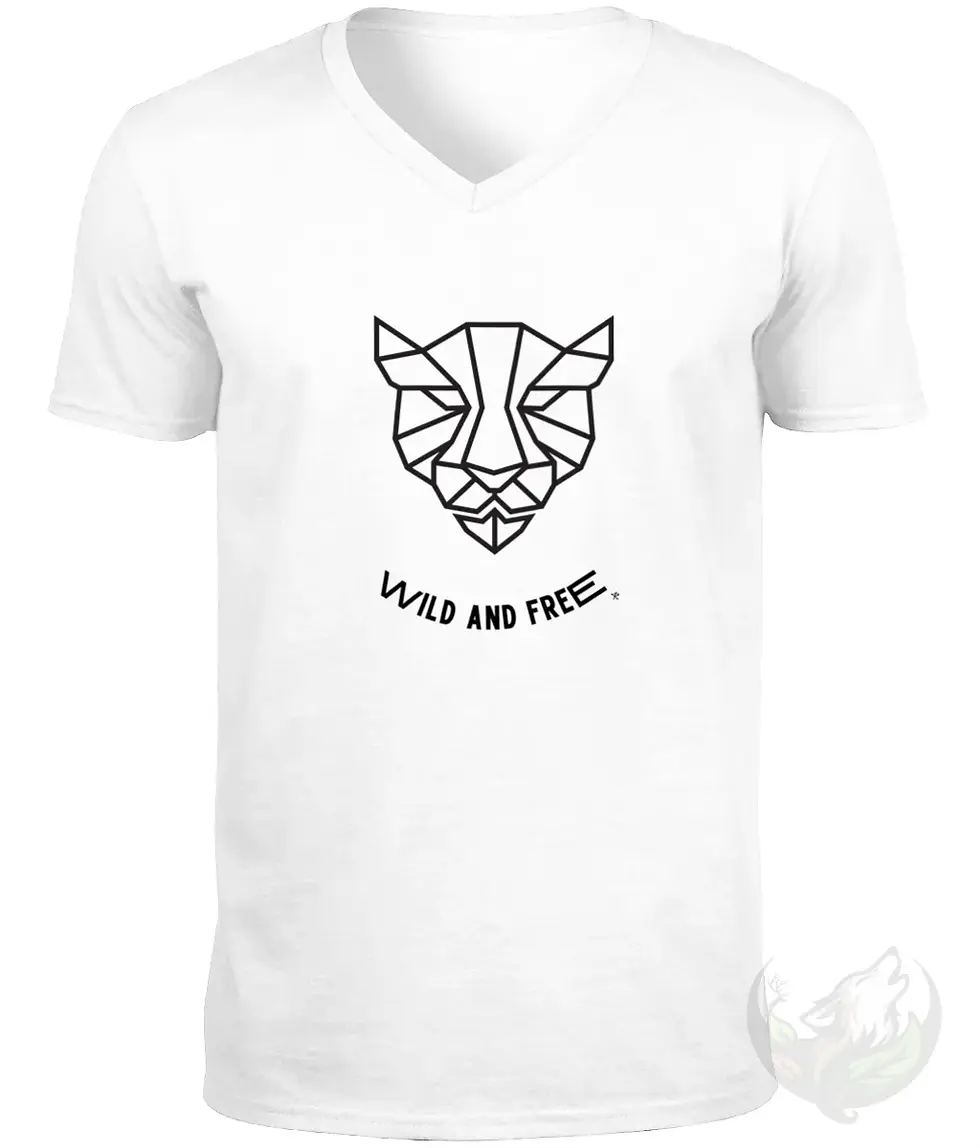Thumbnail: White V-neck t-shirt flat lay with geometric panther head and "Wild and Free" text.