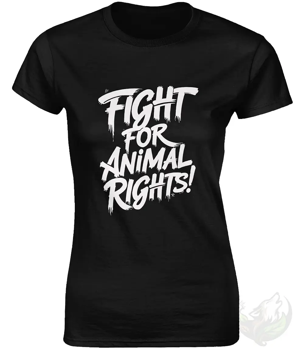 Thumbnail: Fitted black women’s vegan shirt with the “Fight for Animal Rights!” graffiti text design.