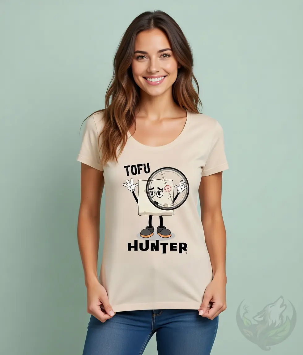 Thumbnail: Natural scoop‑neck tee with the Vegan Quotes “Tofu Hunter” design shown in a simple studio-style setting.