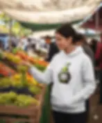 Woman wearing a white unisex hoodie with angry graffiti pear design while shopping at a market.