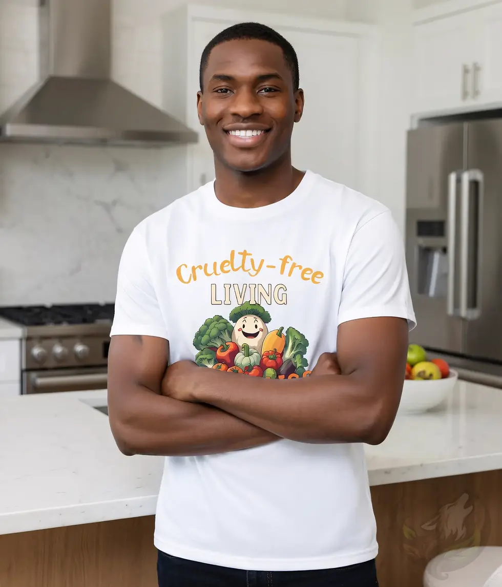 White unisex t-shirt on smiling man with arms crossed in kitchen, "Cruelty-free Living Pure Bliss" produce design.
