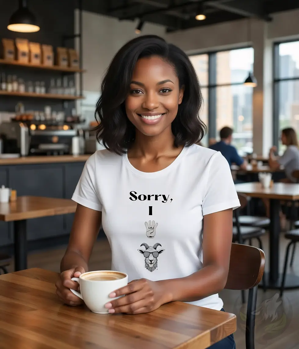 Thumbnail: Woman in white scoop neck t-shirt with witty "Sorry, I 4 goat" goat and hand design.