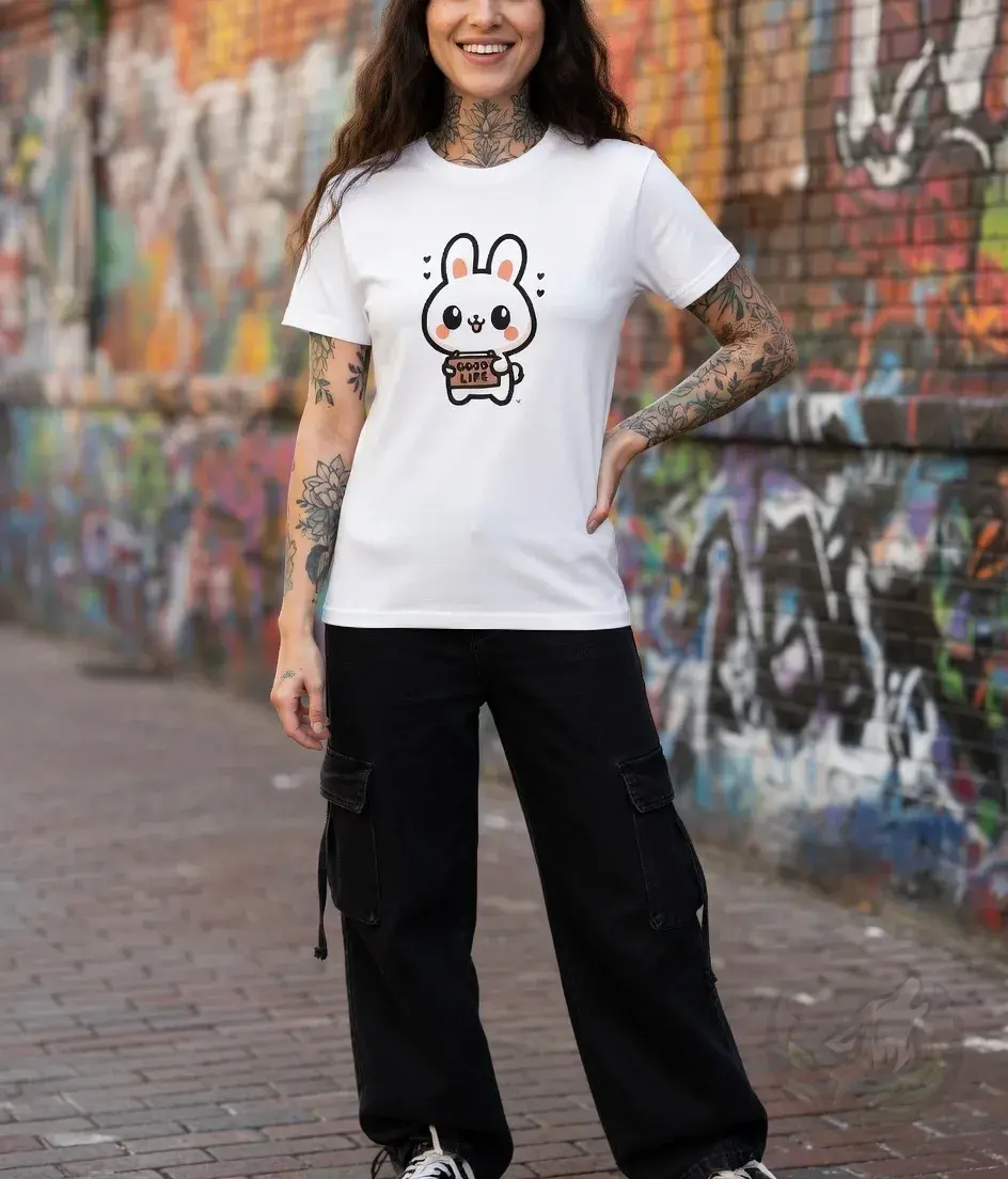 White fitted tee with the “Good Life Rabbit” design worn on a graffiti‑covered street.
