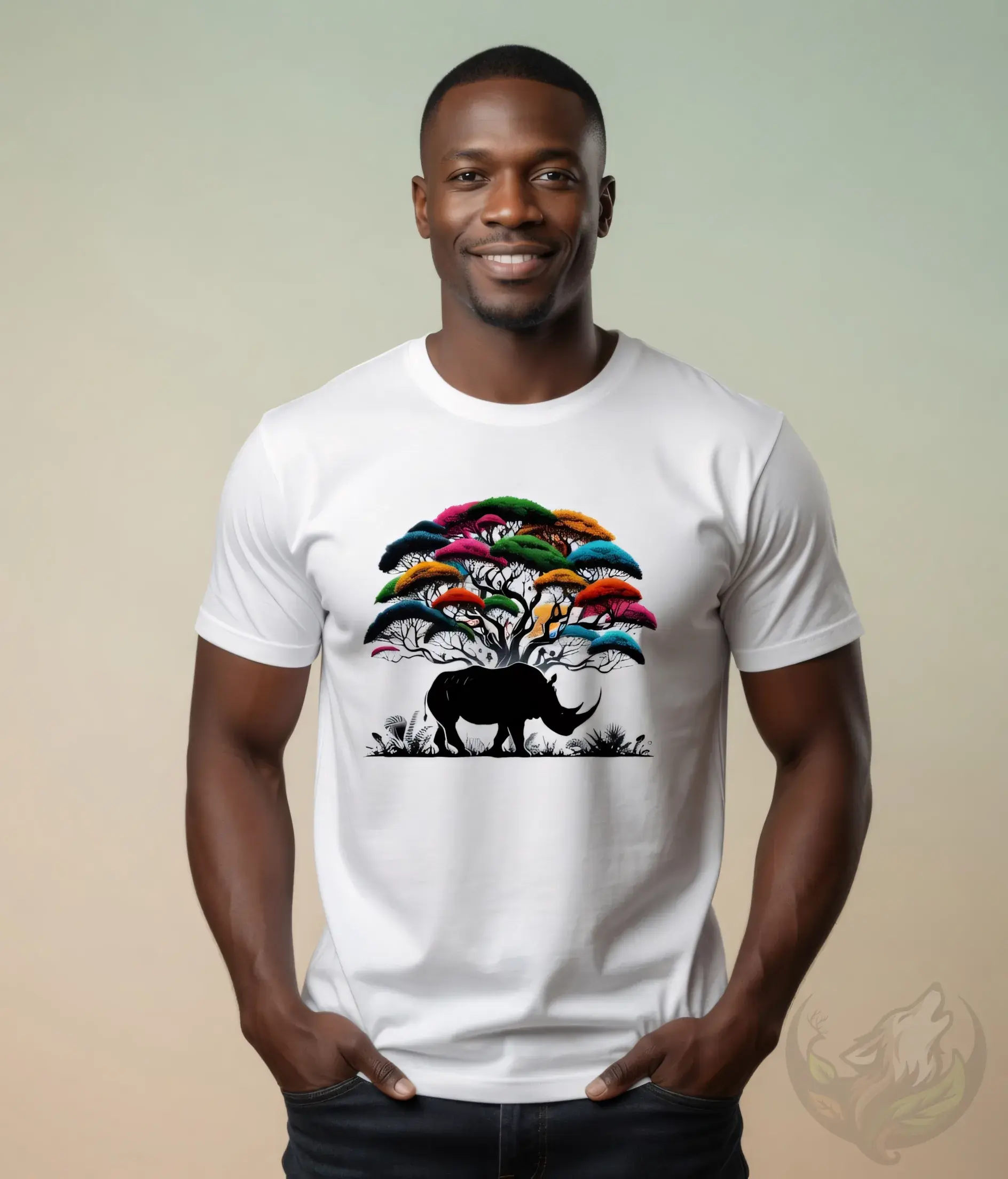 White unisex t-shirt worn by smiling man in studio, colorful tree and rhino "Wild and Free".