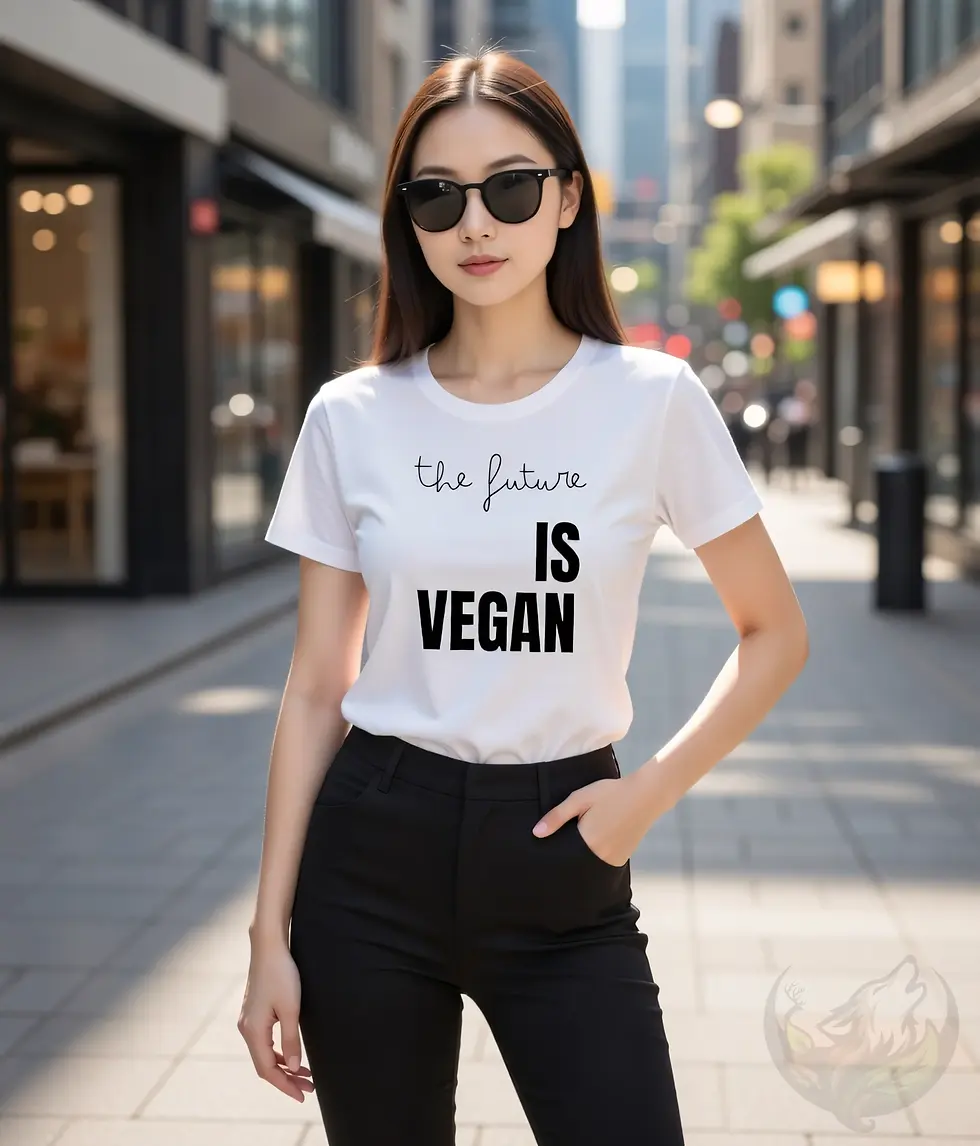 Thumbnail: White scoop‑neck tee with the Vegan Quotes “The Future Is Vegan” design worn on a city street.