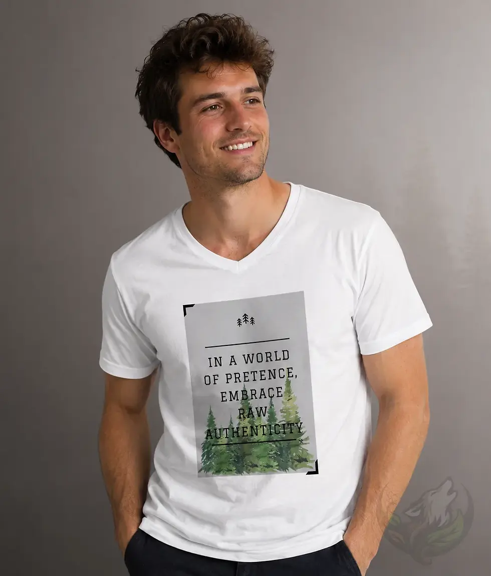 Thumbnail: White V-neck World of Pretence shirt worn by male model in relaxed studio portrait setting