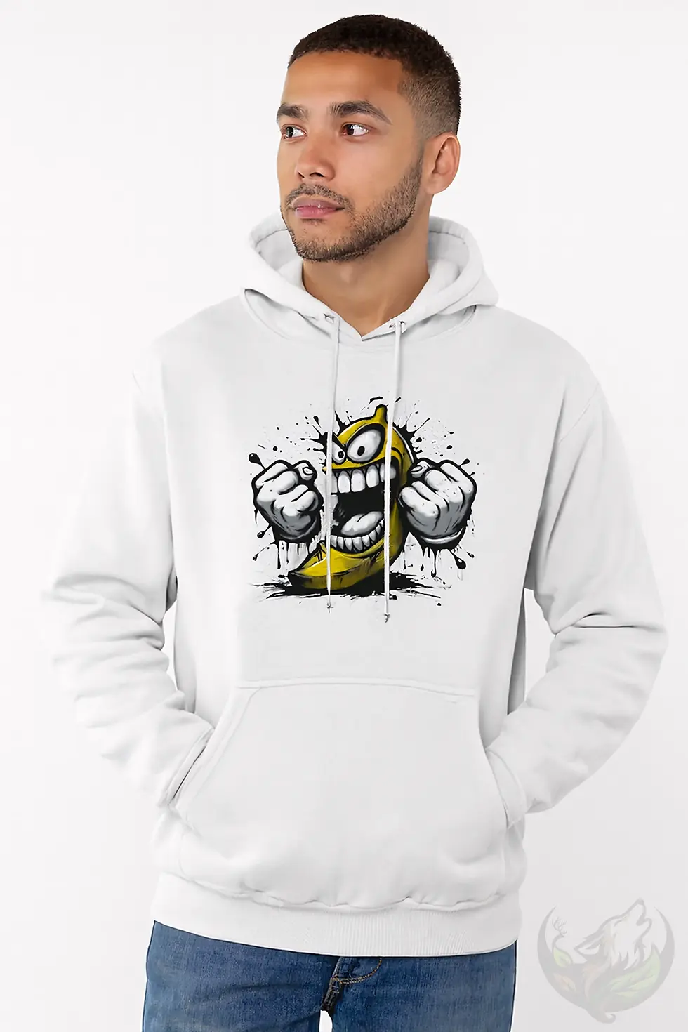 Thumbnail: Man wearing a white unisex hoodie with a bold angry graffiti banana design.