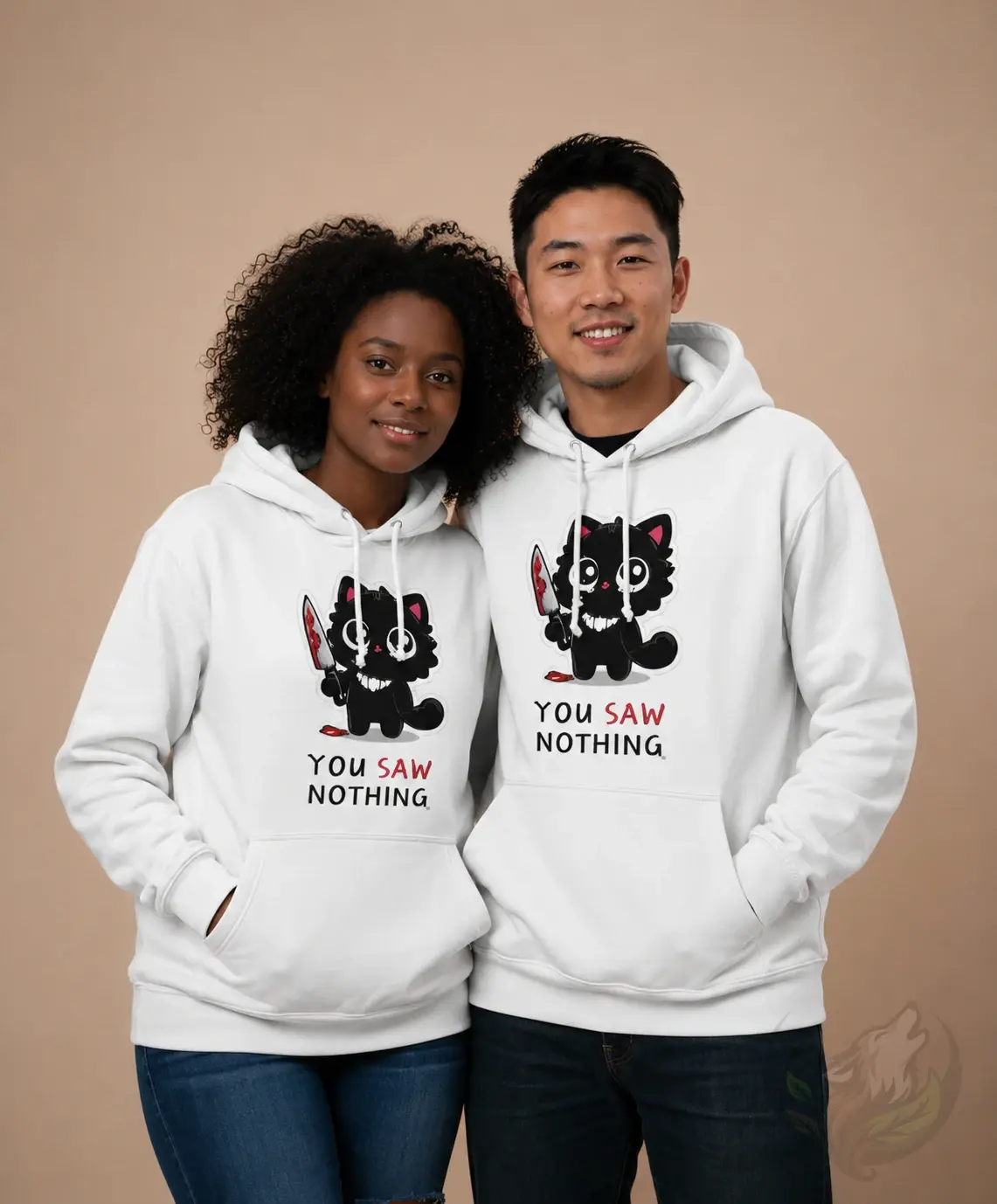 Couple wearing matching white unisex You Saw Nothing hoodies featuring a cute mischievous black cat in a studio portrait.