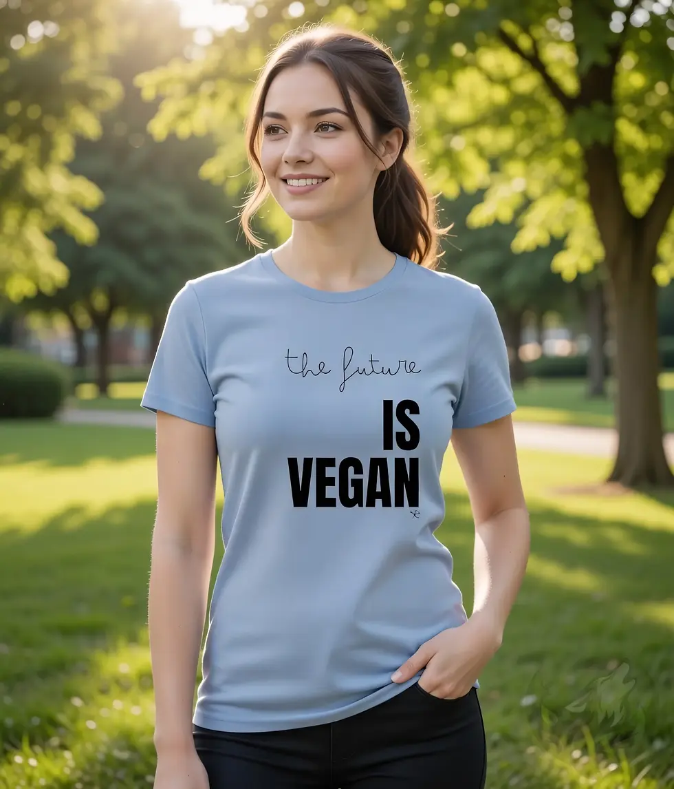 Thumbnail: Light blue fitted tee with the Vegan Quotes “The Future Is Vegan” design worn in a park setting.