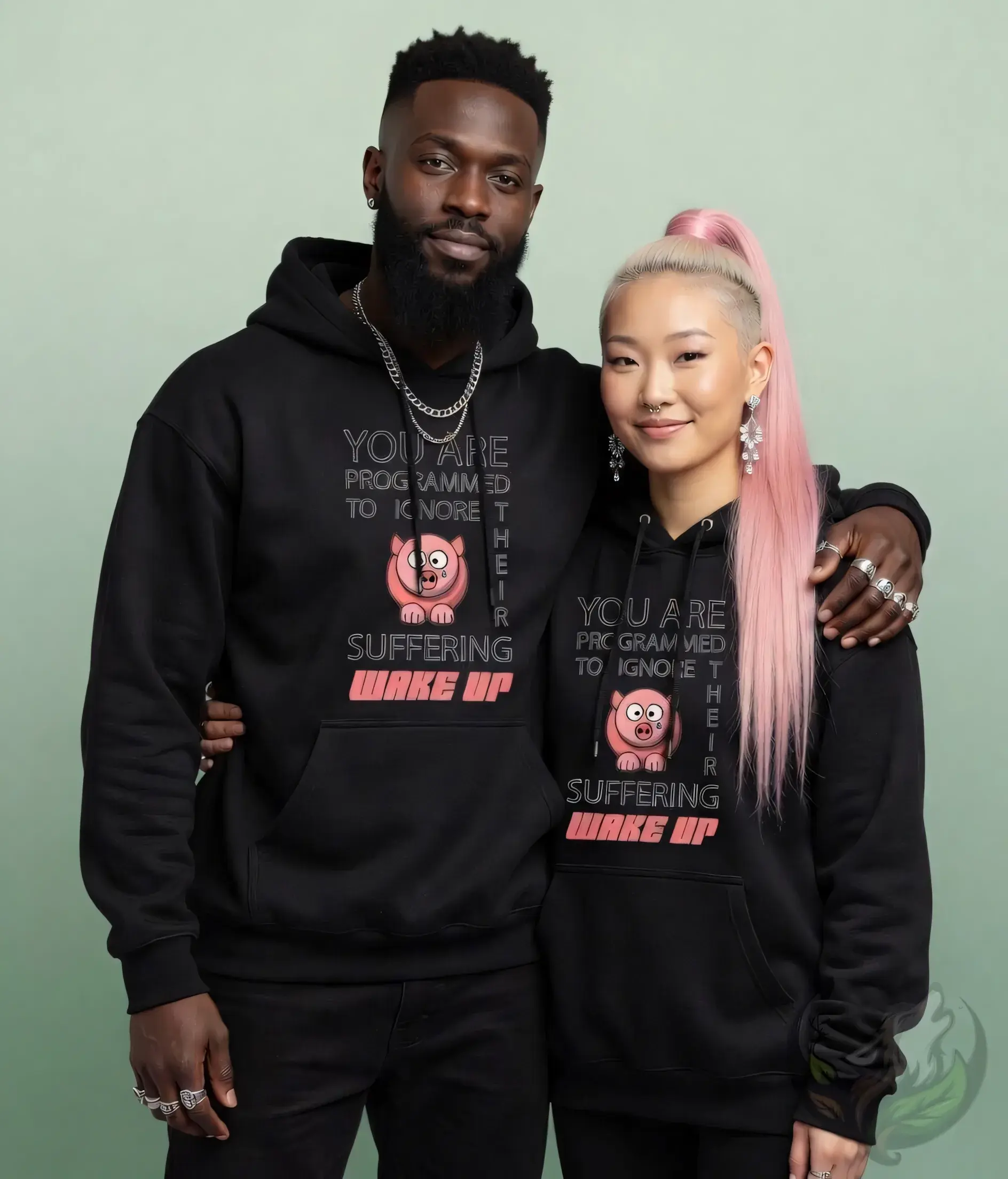 Black unisex hoodie featuring "YOU ARE PROGRAMMED TO IGNORE THEIR SUFFERING WAKE UP" and pink pig design.