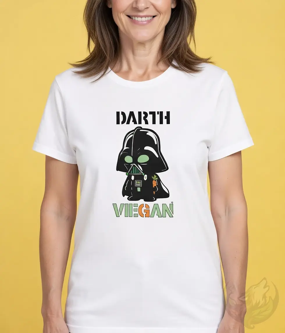 Thumbnail: Black‑and‑white Darth Vader cartoon holding veggies on a white shirt, parodying veganism with bold text and playful design.