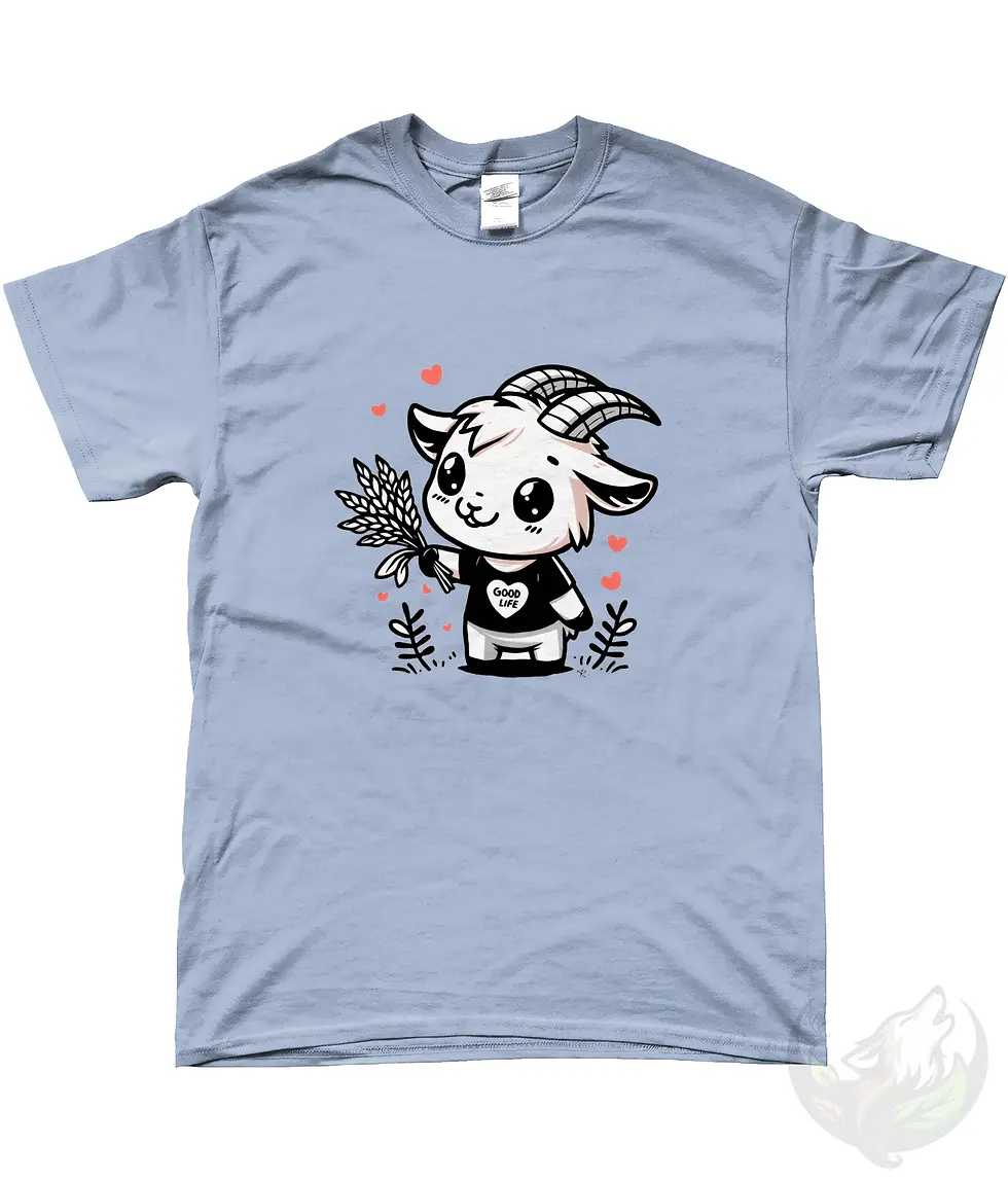 Thumbnail: Light blue unisex shirt flat lay featuring cute goat Good Life cartoon design with playful nature artwork