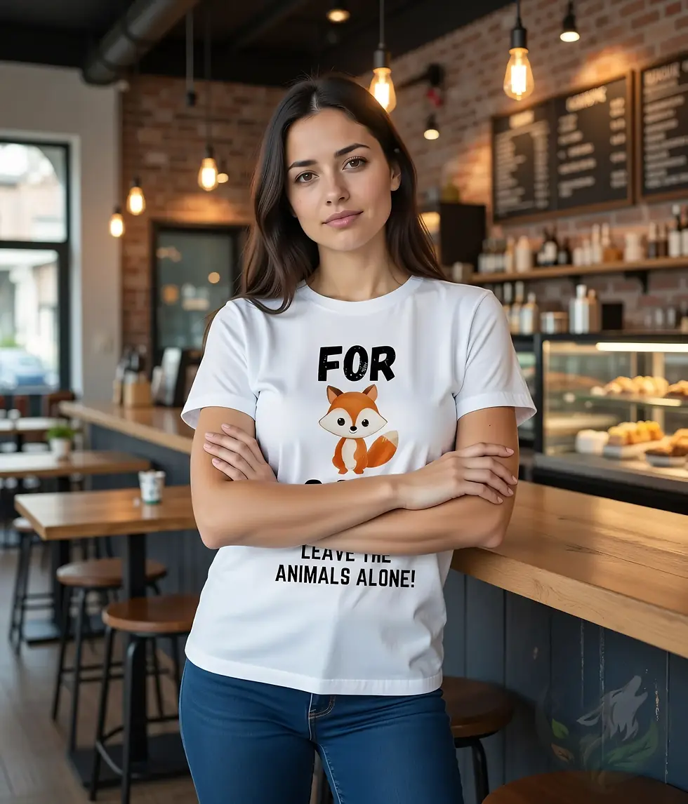 Woman wearing a white fitted shirt featuring a cartoon fox and “Leave the Animals Alone” text.