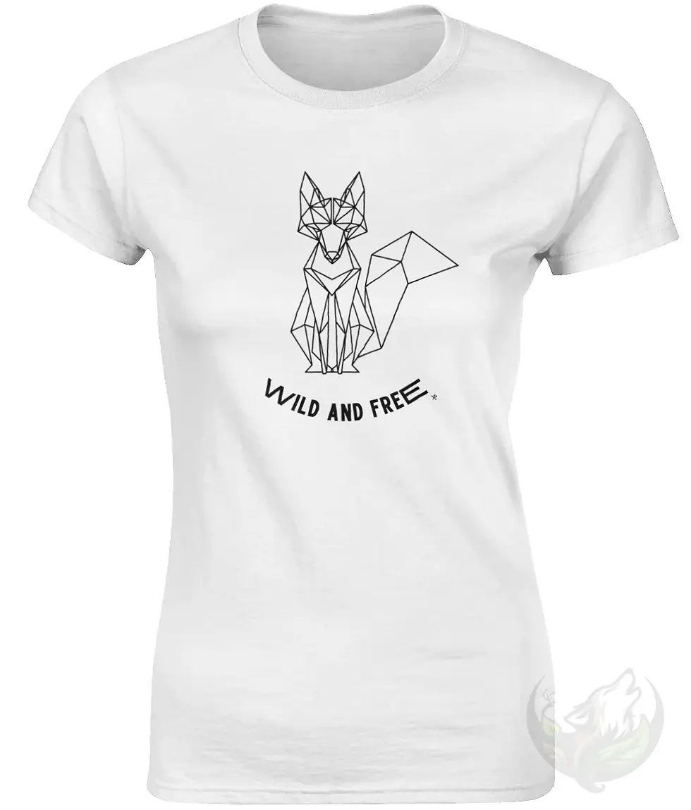 Thumbnail: White fitted tee with geometric sitting fox Wild and Free design shown on a clean, minimal mockup background.