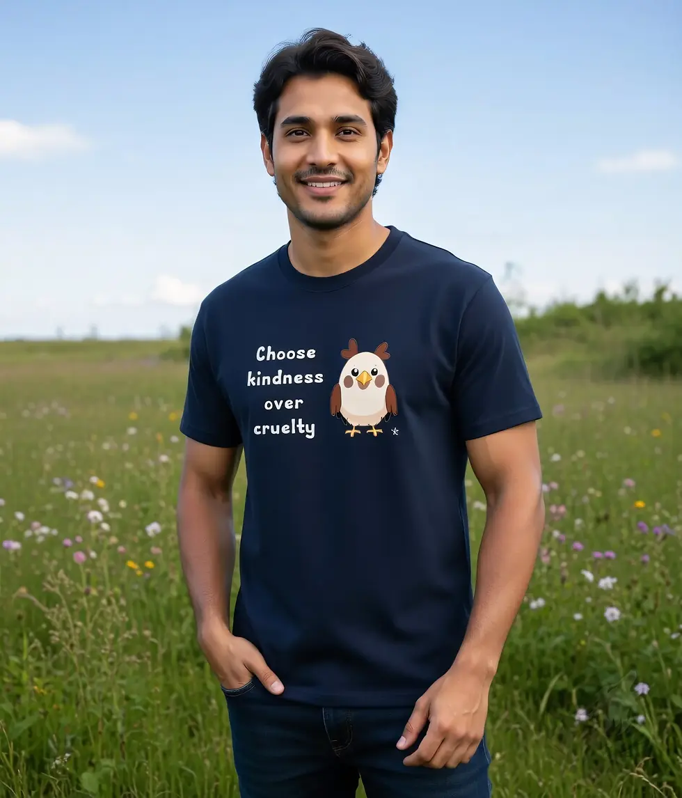 Thumbnail: Navy unisex t-shirt on smiling man standing in flower field, "Choose kindness over cruelty" adorable chick vegan graphic.