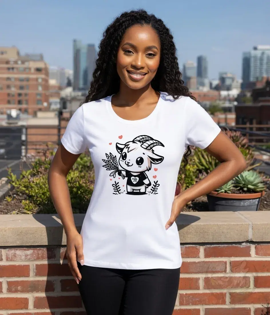 Thumbnail: White scoop‑neck tee with the “Good Life Goat” design worn on a rooftop with a city backdrop.
