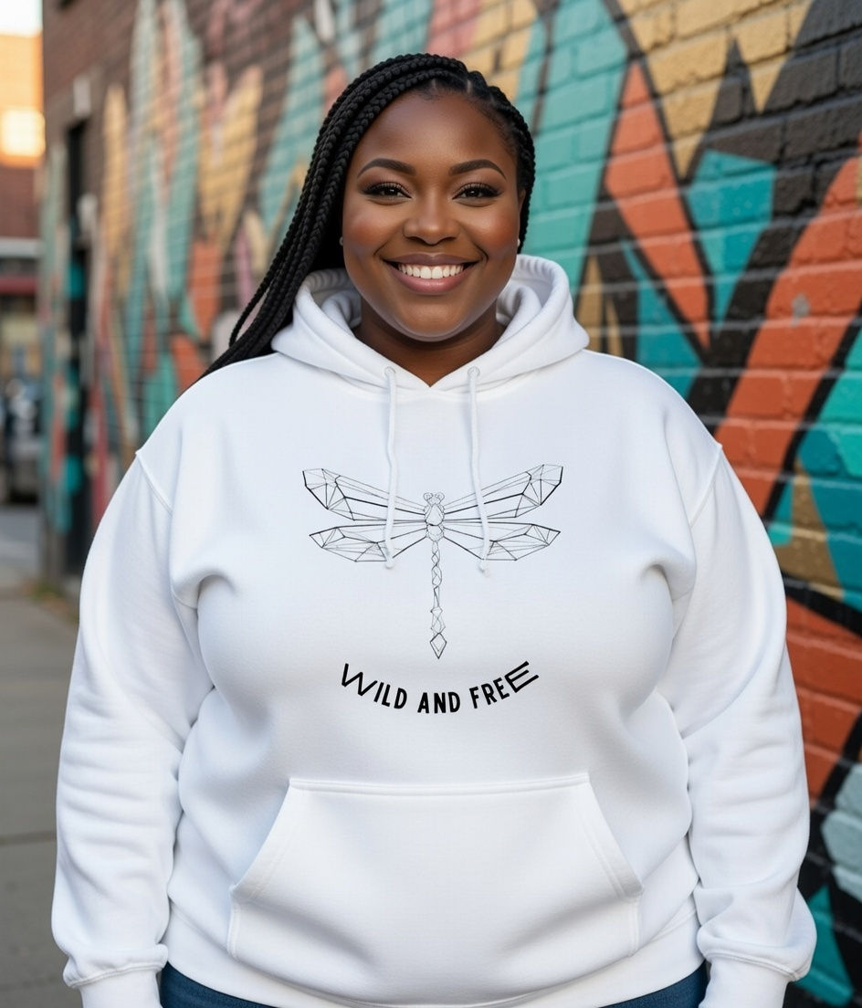 plus size wild and free dragonfly lifestyle – white hoodie with geometric dragonfly line art and wild and free text in a colo
