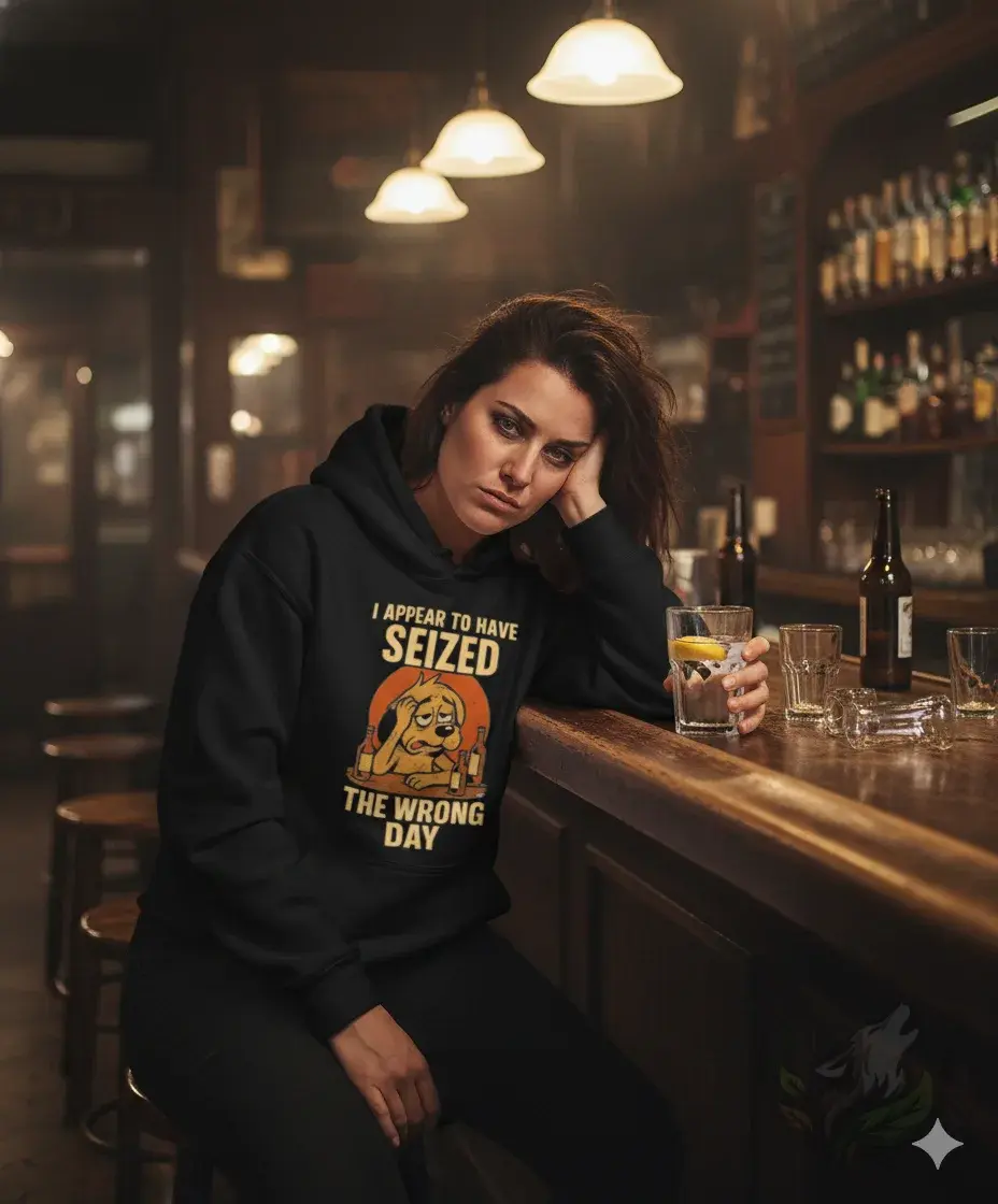 Miniaturbild: Woman wearing a black unisex hoodie featuring the Seized The Wrong Day graphic while sitting at a bar.