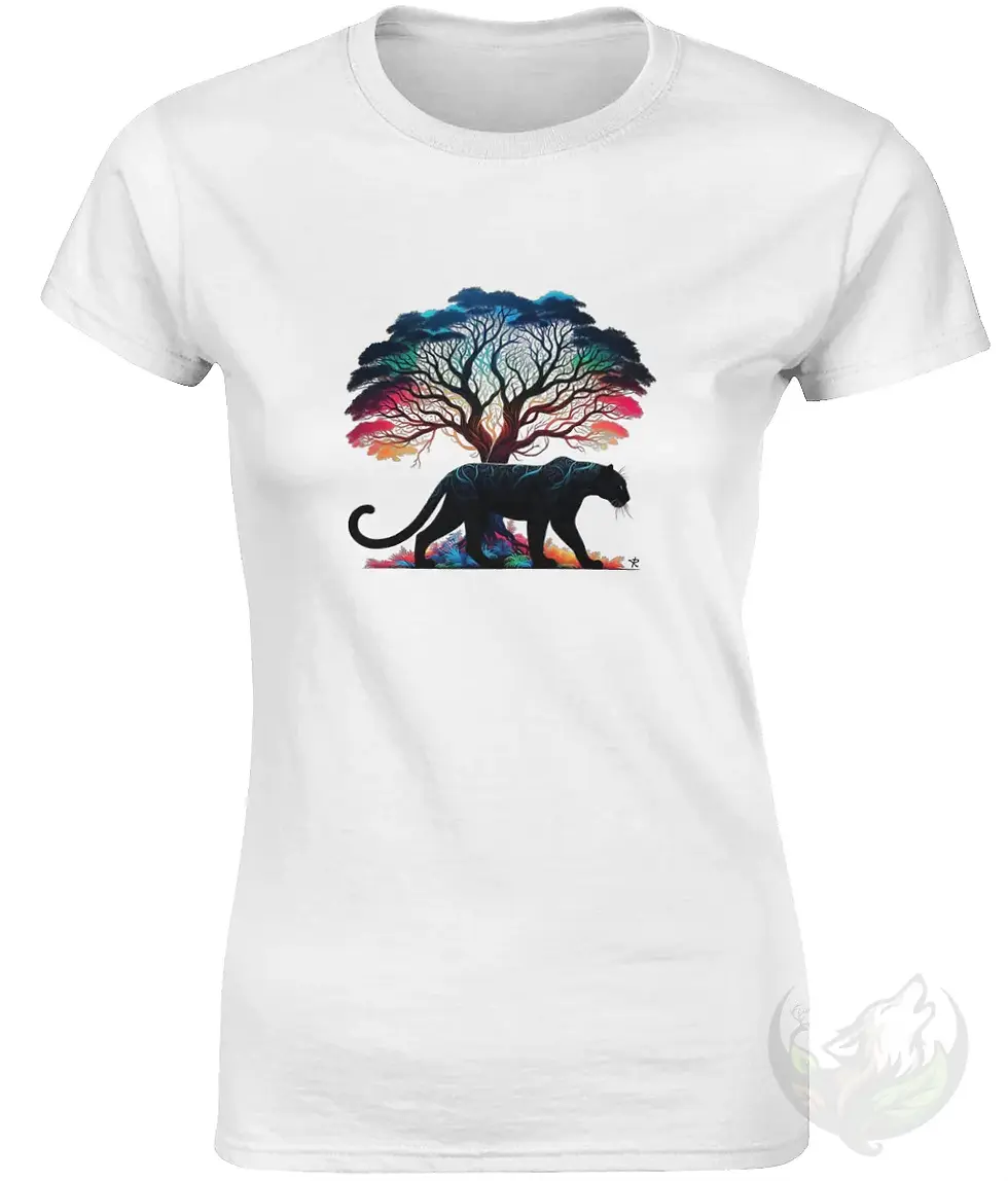Thumbnail: White fitted tee displaying the colorful panther illustration on a clean, minimal mockup background.