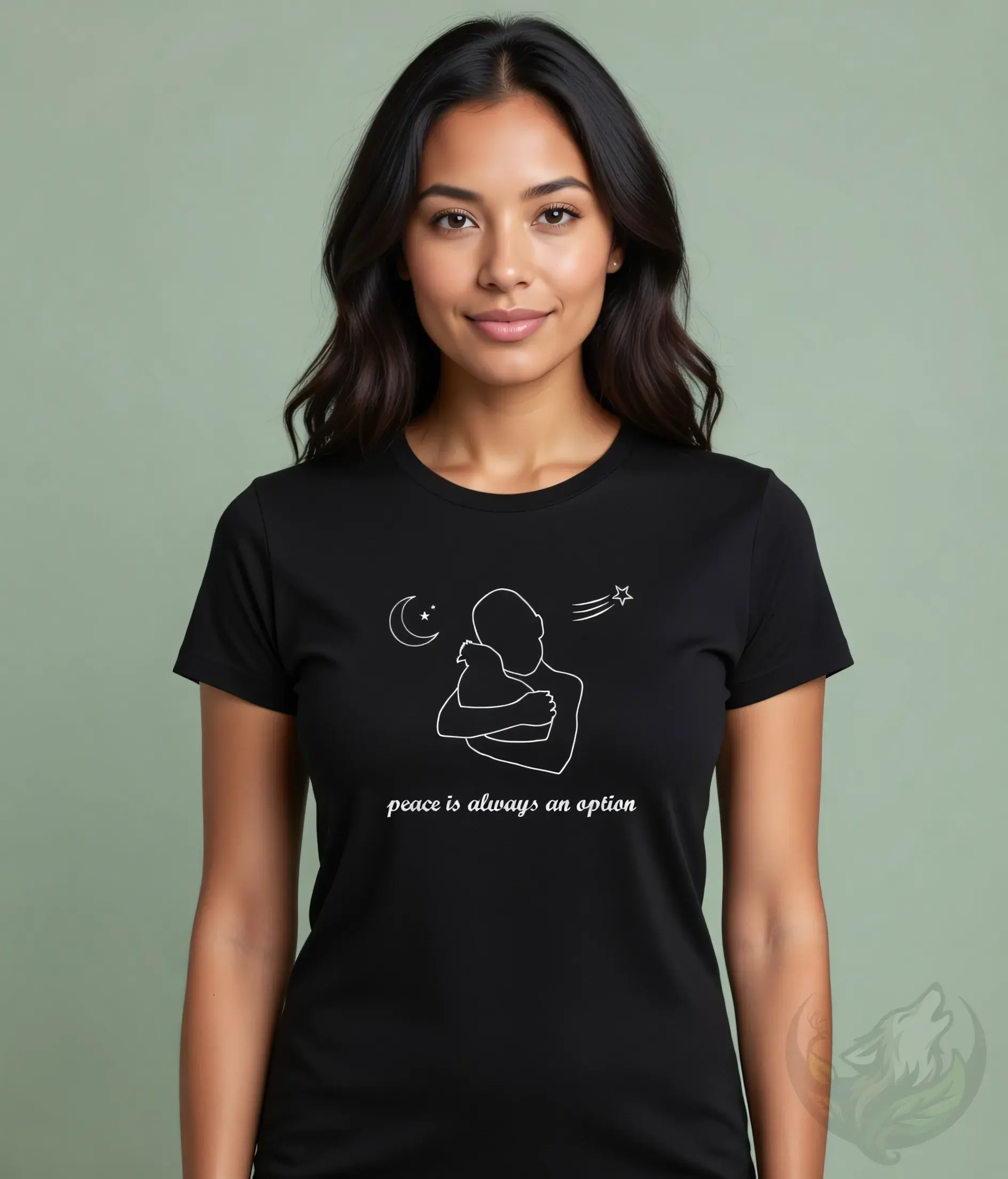 Black fitted tee with the Vegan Quotes “Peace Is Always an Option” design shown in a studio setting.