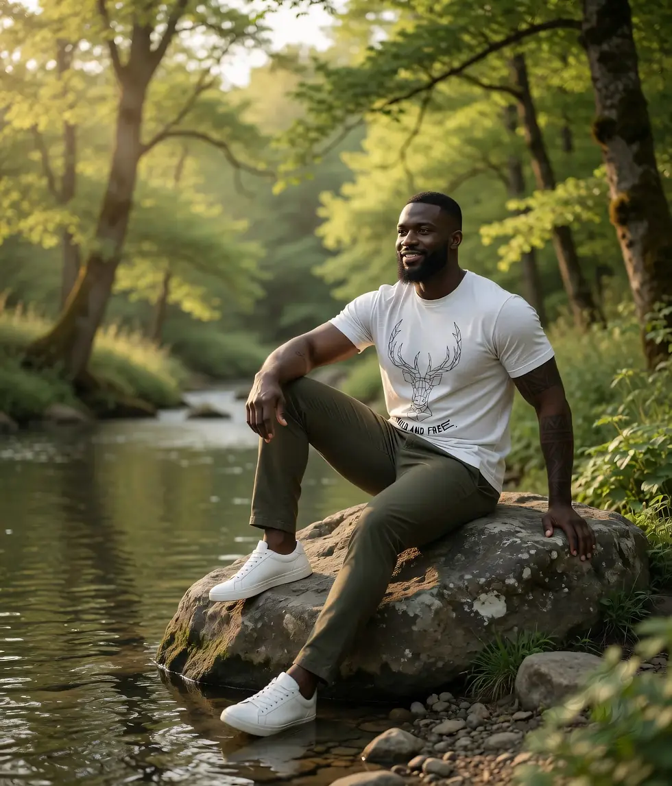 White unisex t-shirt on smiling man sitting by river in forest, geometric deer "Wild and Free".
