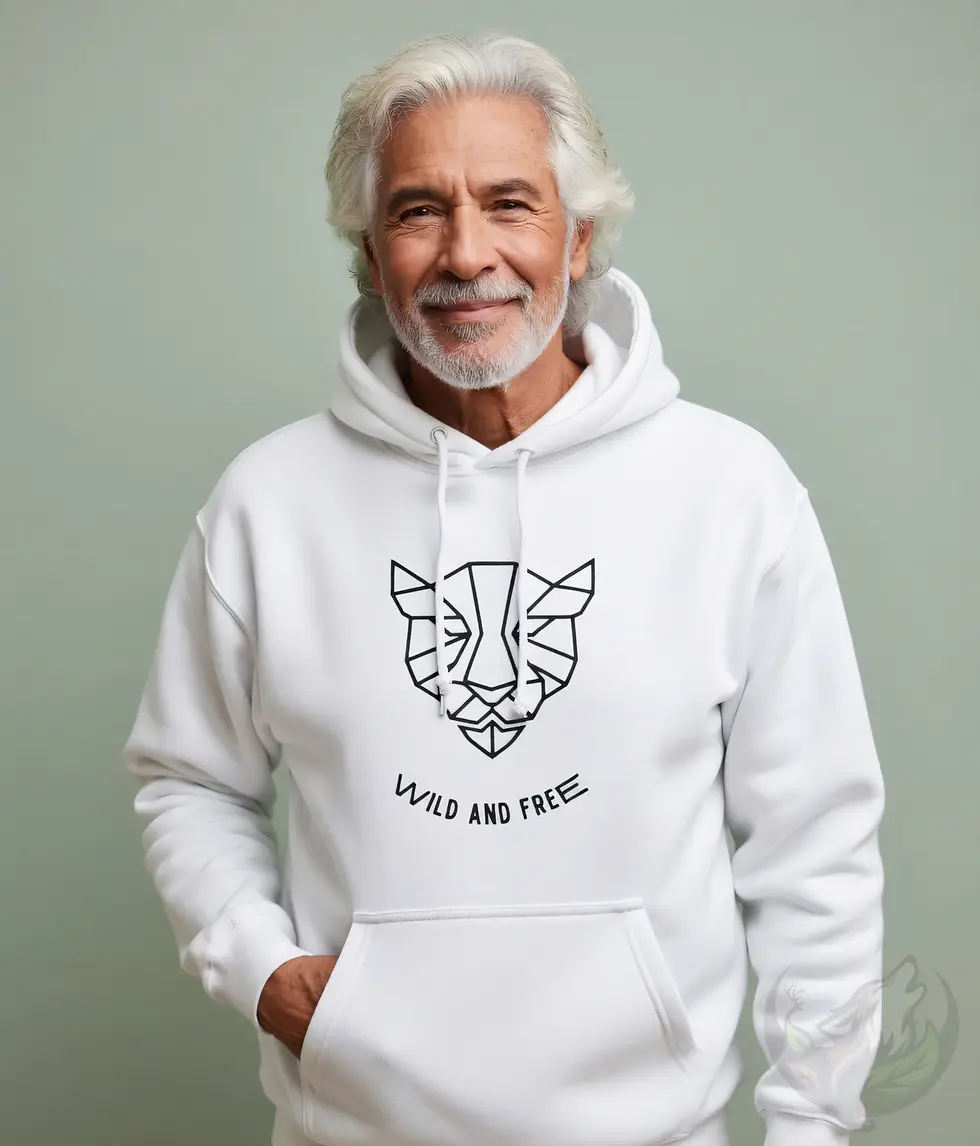 White unisex hoodie showing black geometric panther graphic and "WILD AND FREE" slogan.