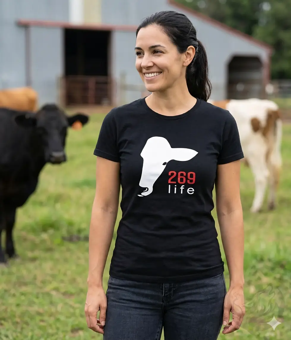 Thumbnail: Woman wearing a black vegan shirt with the “269 life” calf silhouette design, symbol of animal rights activism.