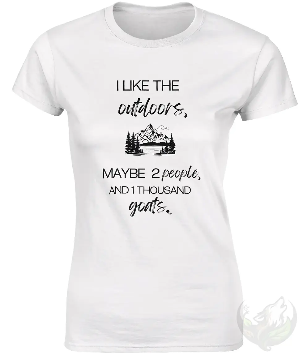 Thumbnail: Fitted white women’s environmental shirt with the “Outdoors, 2 People, 1000 Goats” mountain design.