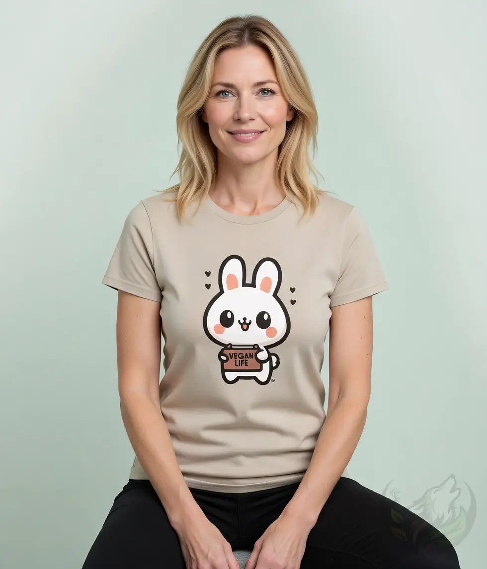 Sand fitted tee with Cute Bunny Vegan Life design worn with a black skirt in a simple indoor setting.