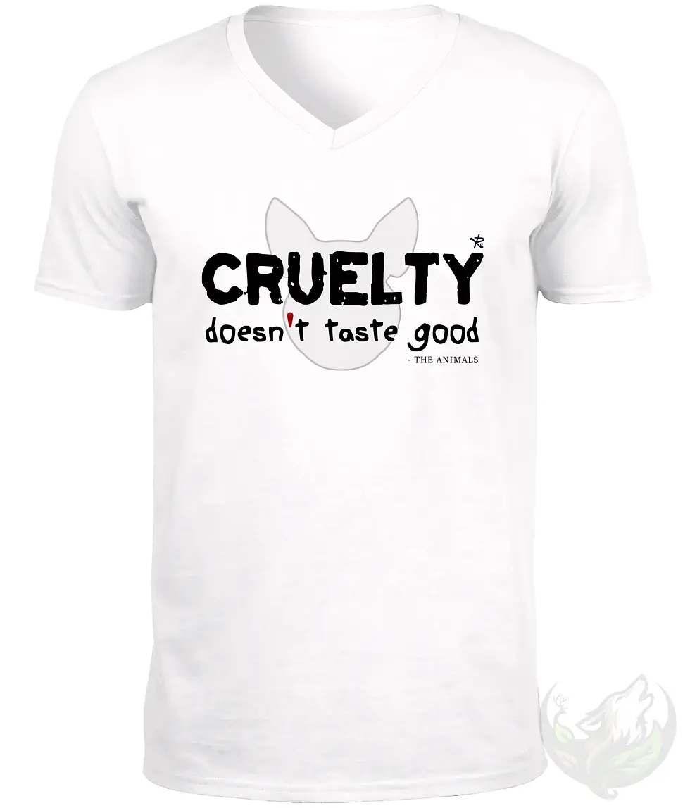 Thumbnail: White V-neck unisex t-shirt flat lay with "CRUELTY doesn't taste good" cat silhouette vegan design.