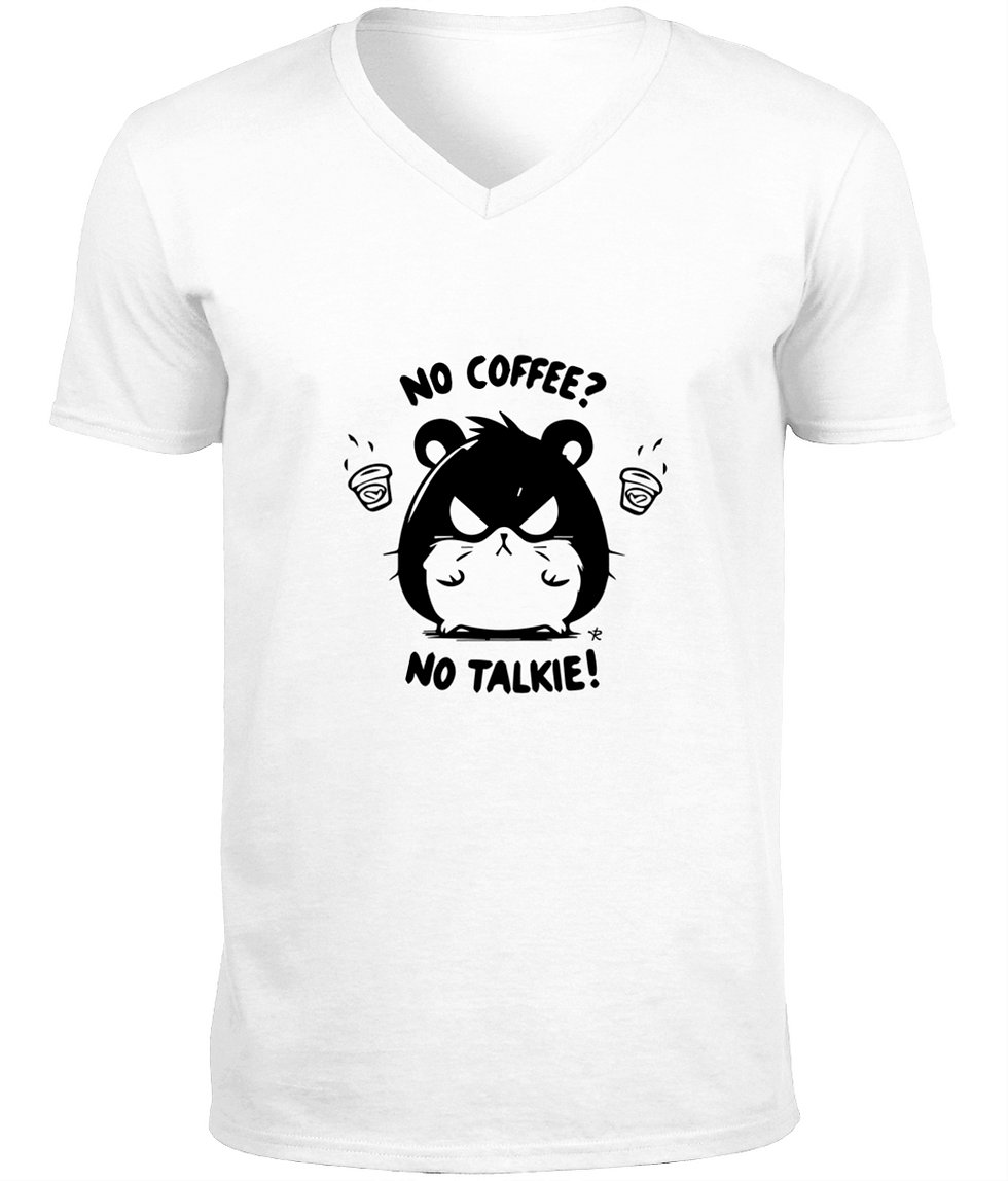 Thumbnail: White premium men’s V‑neck No Coffee No Talkie shirt with a clean sarcastic layout.