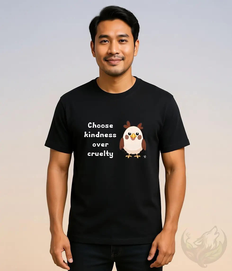 Thumbnail: Black unisex t-shirt worn by smiling man with dark hair, "Choose kindness over cruelty" cute chick vegan design.