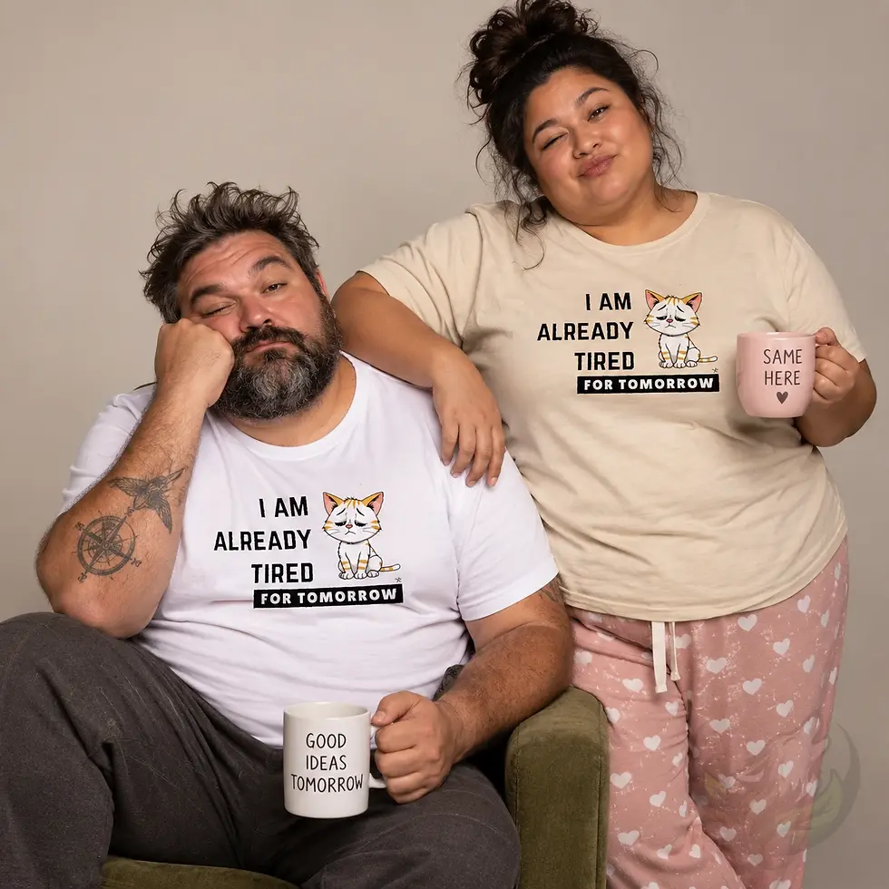 Plus size couple wearing white and natural colour Already Tired for Tomorrow shirts while sitting together
