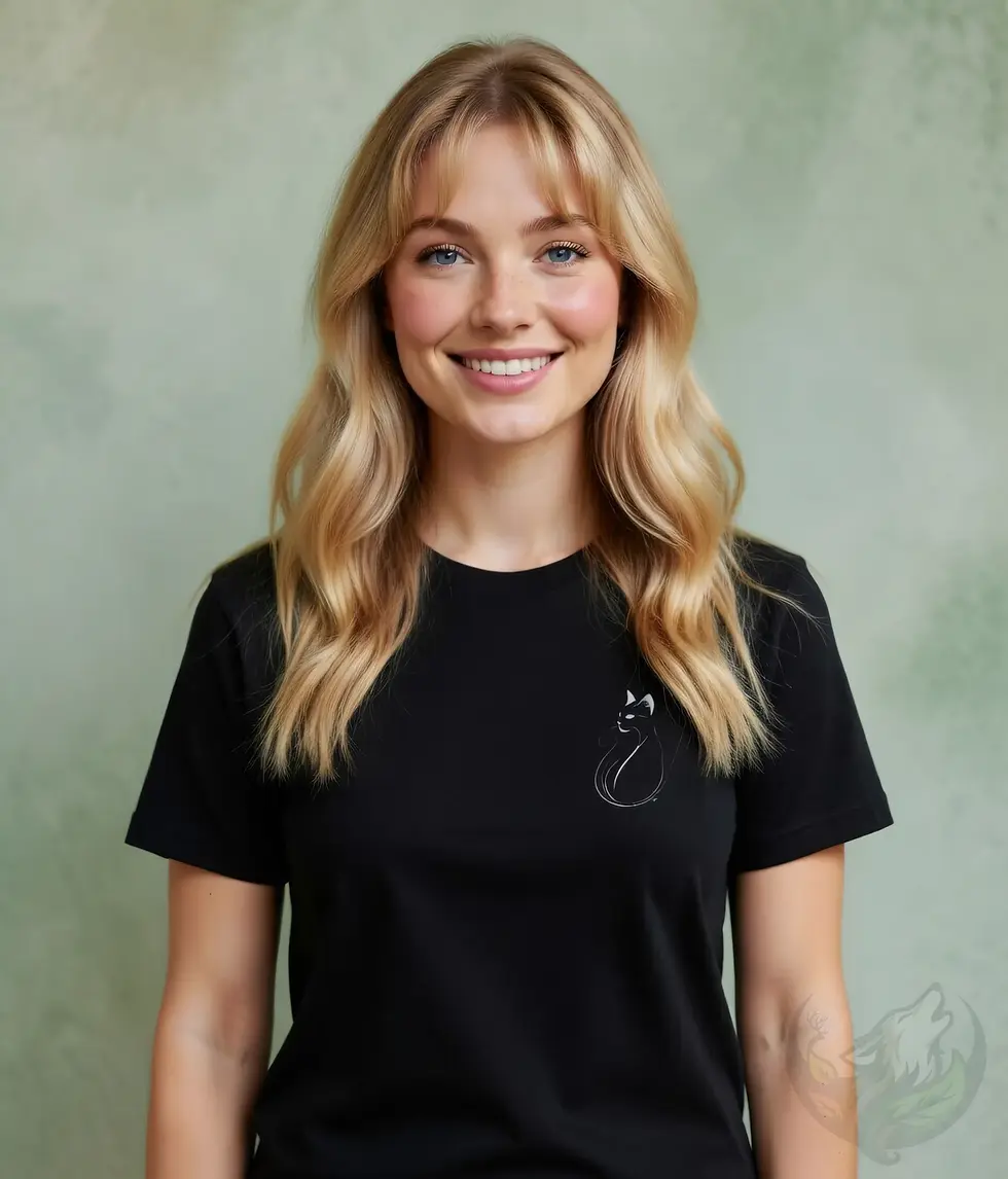 Thumbnail: Smiling blonde woman wearing a black fitted t-shirt with a delicate minimalist cat line art on the left chest.