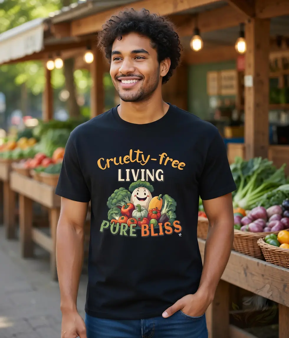 Thumbnail: Black unisex t-shirt on smiling man at outdoor market, "Cruelty-free Living Pure Bliss" produce design.