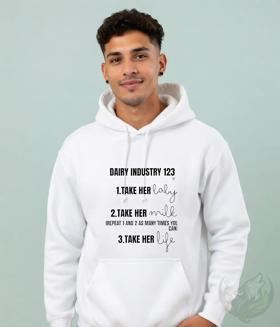 Man wearing white unisex vegan Dairy 1 2 3 quote hoodie with bold dairy industry animal rights message in studio