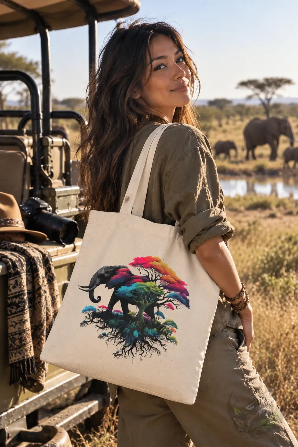 Woman carrying a natural elephant tote bag with colorful wildlife tree design on safari