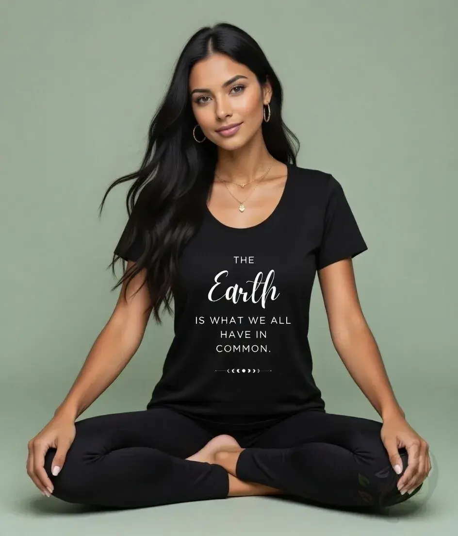 Thumbnail: Black scoop‑neck tee with the Vegan Quotes “Earth in Common” design shown against a plain green backdrop.