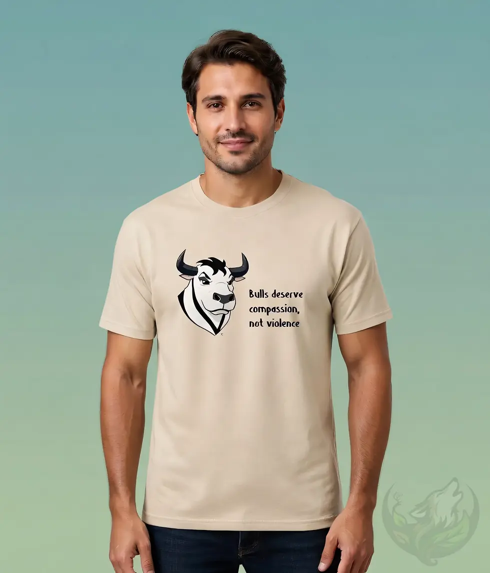 Thumbnail: Natural unisex t-shirt worn by smiling man, "Bulls deserve compassion, not violence" vegan bull graphic design.