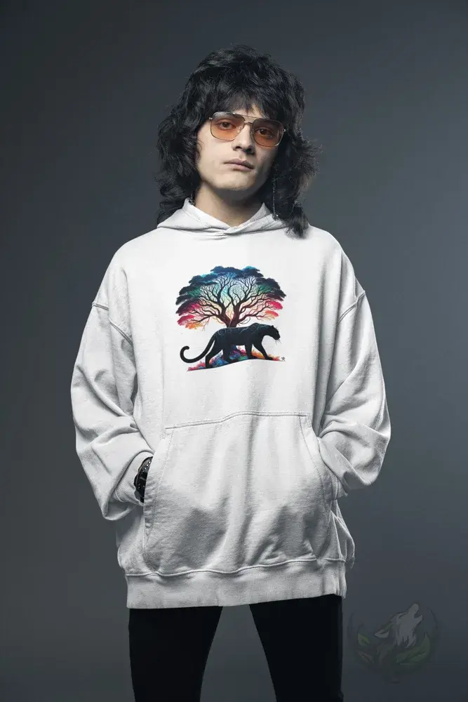 Thumbnail: Man with glam rock style long dark hair and sunglasses wearing white Colorful Wildlife Panther hoodie against dark background