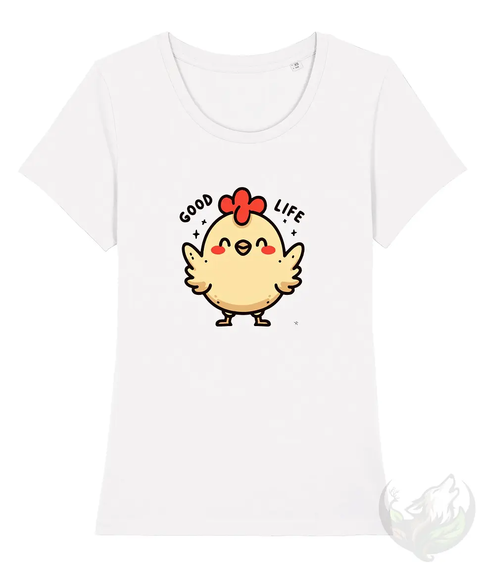 Thumbnail: White scoop‑neck women’s good life shirt with a cartoon chicken and “Good Life” text.