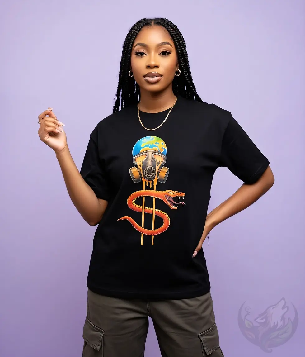 Thumbnail: Person against a purple backdrop wearing a black fitted tee featuring Def P’s Reptilian Deception artwork with bold symbols