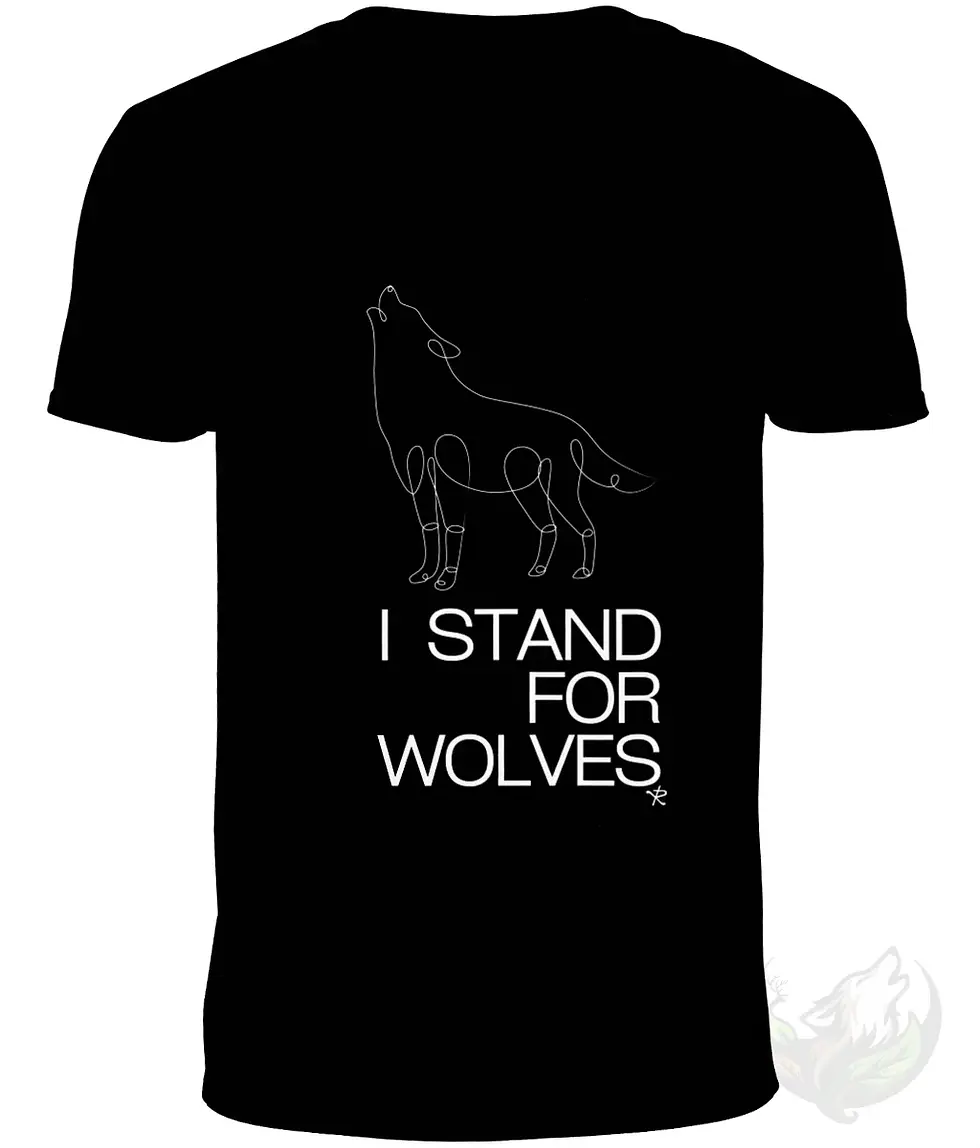 Thumbnail: Black V-neck t-shirt flat lay with white line art howling wolf and text "I STAND FOR WOLVES".